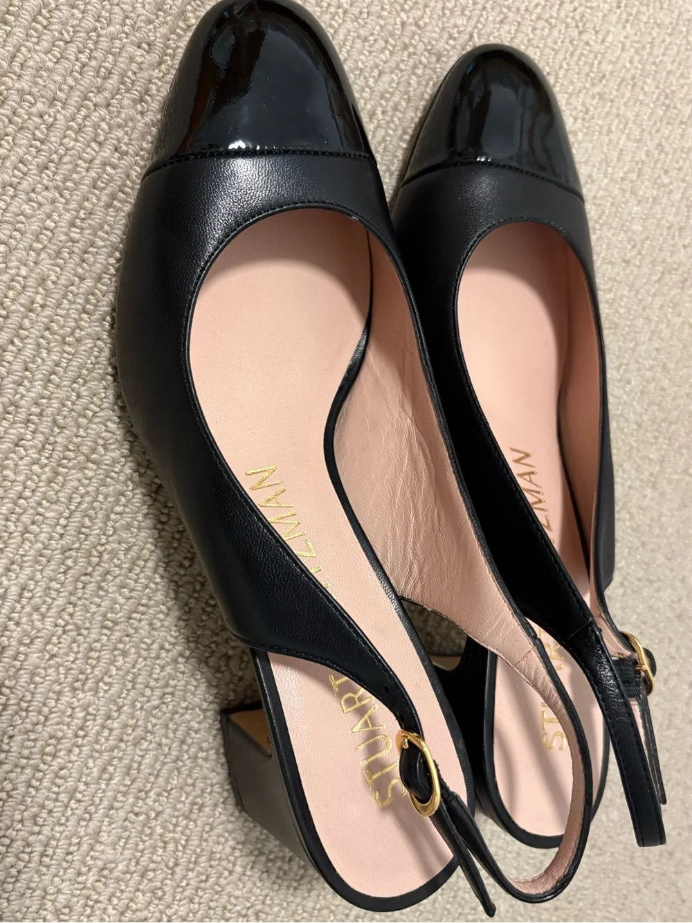 Stuart Weitzman Black Leather & Patent Slingback Mules